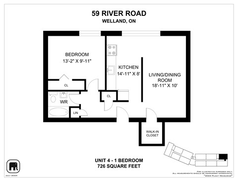 Floor plan for 1 bed, 1 bath, 697 sqft